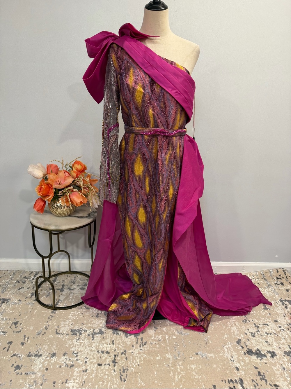 Princess Couture Fuchsia One-Shoulder Embellished Evening Dress with Over Skirt